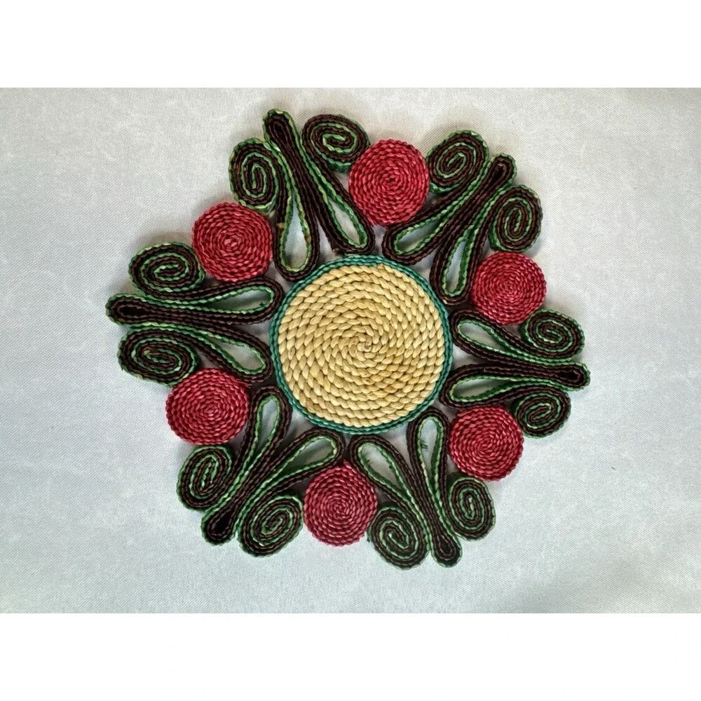 Pair Vintage 1970s Woven Straw Hot Pads Coiled Floral Trivets Boho Wall Decor